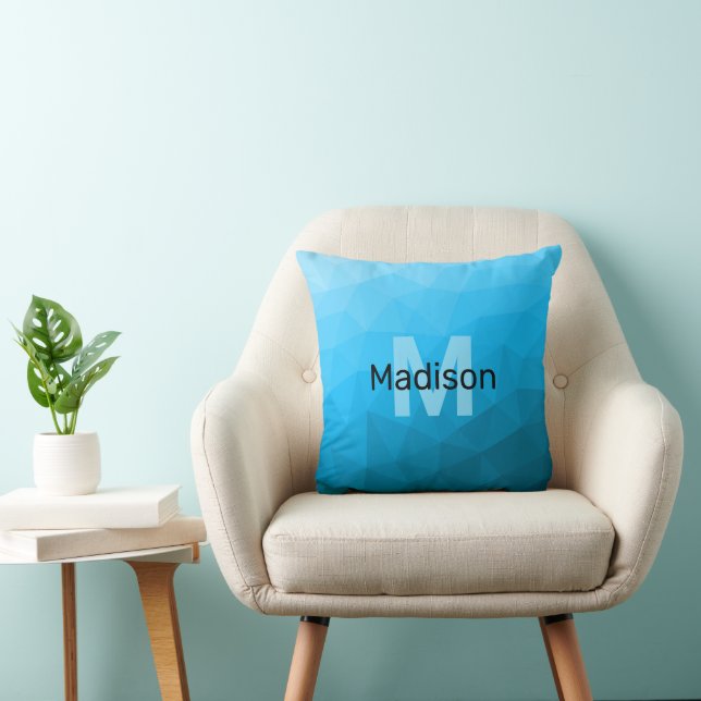 Blue cyan gradient geometric mesh pattern Monogram Cushion (Chair)