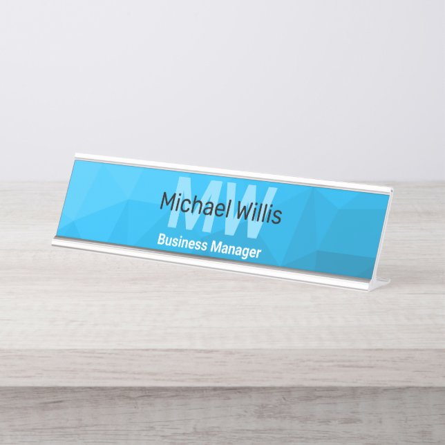 Blue cyan gradient geometric mesh pattern Monogram Desk Name Plate (Front)