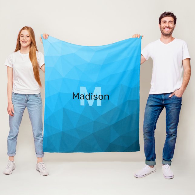 Blue cyan gradient geometric mesh pattern Monogram Fleece Blanket (In Situ)