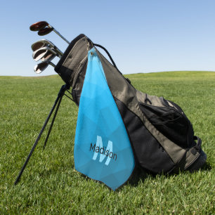 Blue cyan gradient geometric mesh pattern Monogram Golf Towel