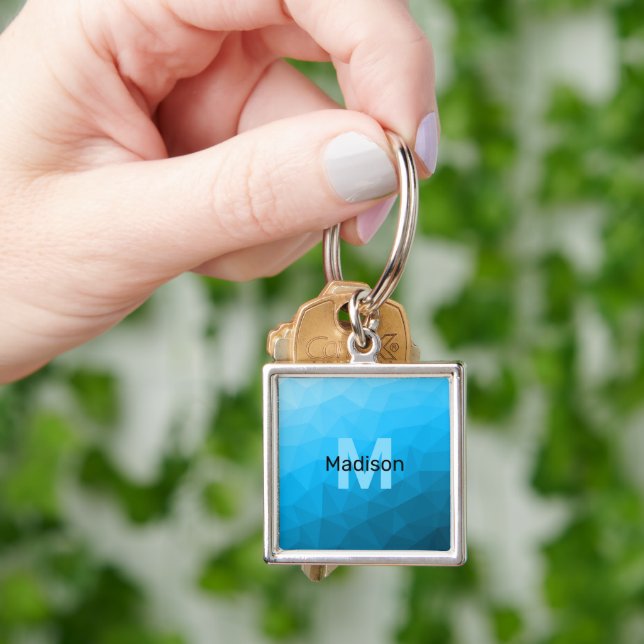 Blue cyan gradient geometric mesh pattern Monogram Key Ring (Hand)