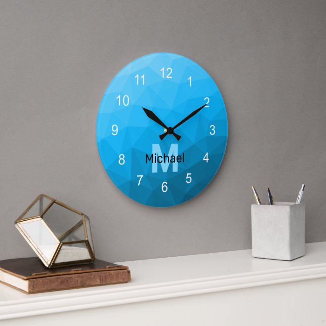 Blue cyan gradient geometric mesh pattern Monogram Large Clock (Office)