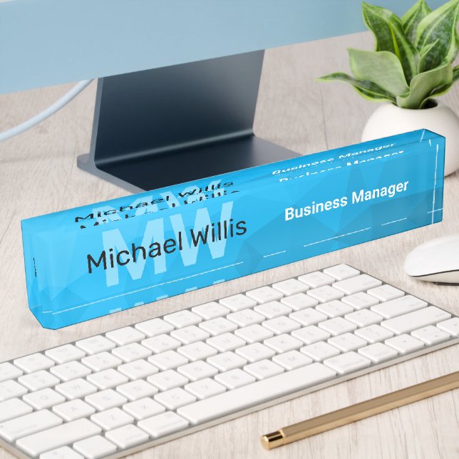 Blue cyan gradient geometric mesh pattern Monogram Nameplate