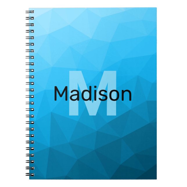 Blue cyan gradient geometric mesh pattern Monogram Notebook (Front)