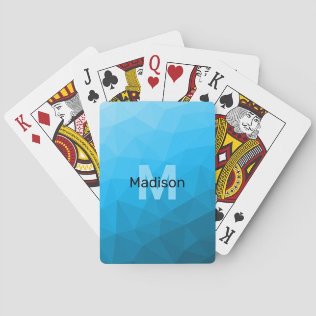 Blue cyan gradient geometric mesh pattern Monogram Playing Cards (Back)