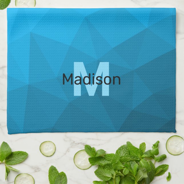 Blue cyan gradient geometric mesh pattern Monogram Tea Towel (Folded)
