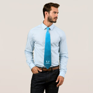 Blue cyan gradient geometric mesh pattern Monogram Tie