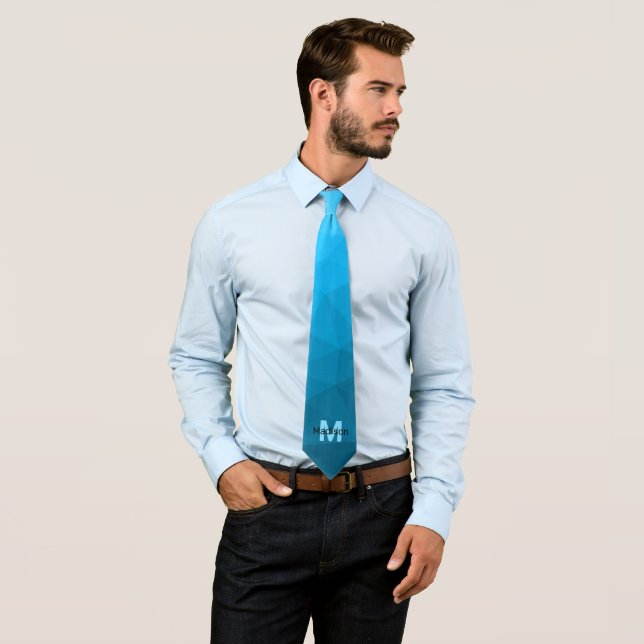 Blue cyan gradient geometric mesh pattern Monogram Tie (In Situ)