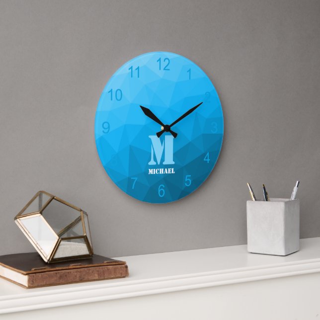 Blue cyan gradient Geometry Mesh Pattern Monogram Large Clock (Office)