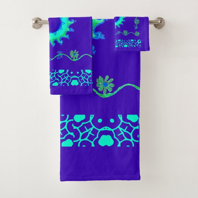 Blue Cyan Royal Blue Iridescent Colour Art Print Bath Towel Set (Insitu)