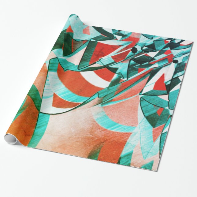 Blue cyan stripes upon rustic coral background wrapping paper (Unrolled)