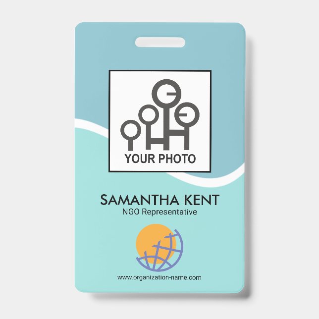 Blue Cyan Waves Photo Template Staff ID Badge (Front)