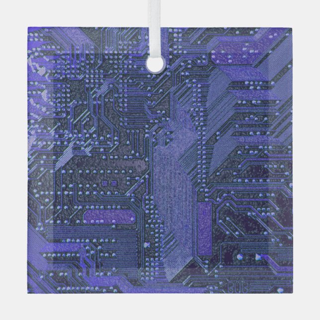 Blue Cyber Circuit Board Tech Art Electronics Glass Tree Decoration (Front)
