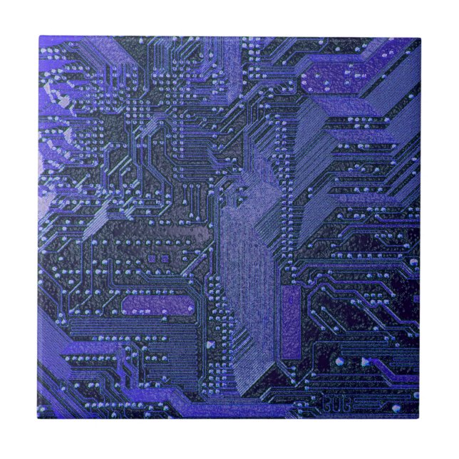 Blue Cyber Circuit Board Tech Art Electronics Tile (Front)