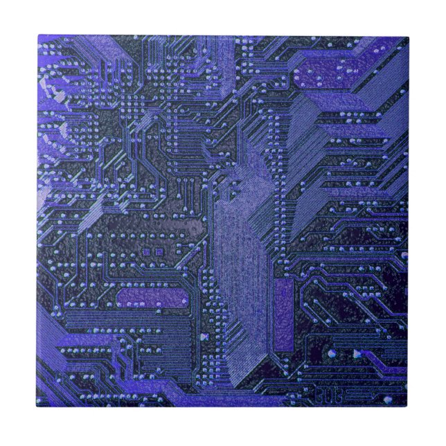 Blue Cyber Circuit Board Tech Art Electronics Tile (Front)