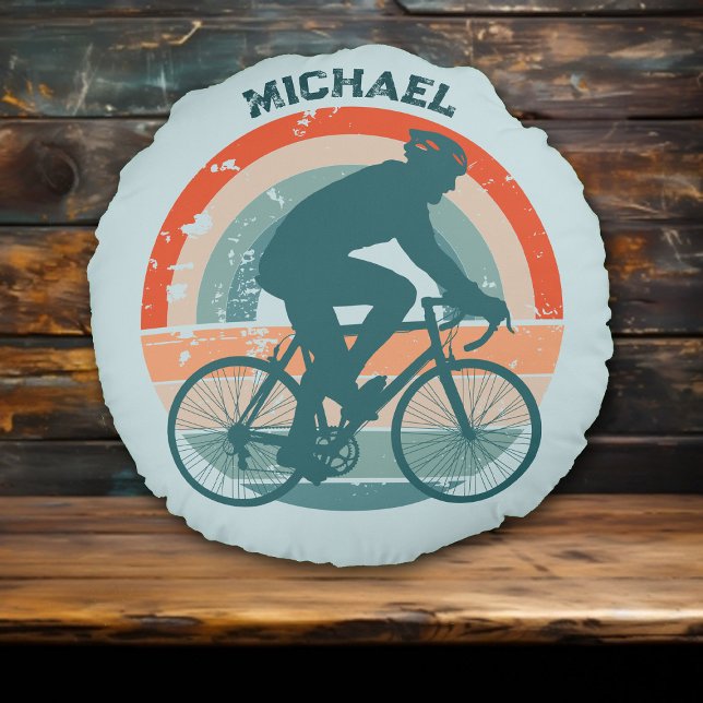 Blue Cyclist Retro Rainbow Round Cushion (Creator Uploaded)