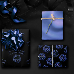 Blue D20 Critmas   RPG Fantasy Tabletop Gamer Dice Wrapping Paper Sheet