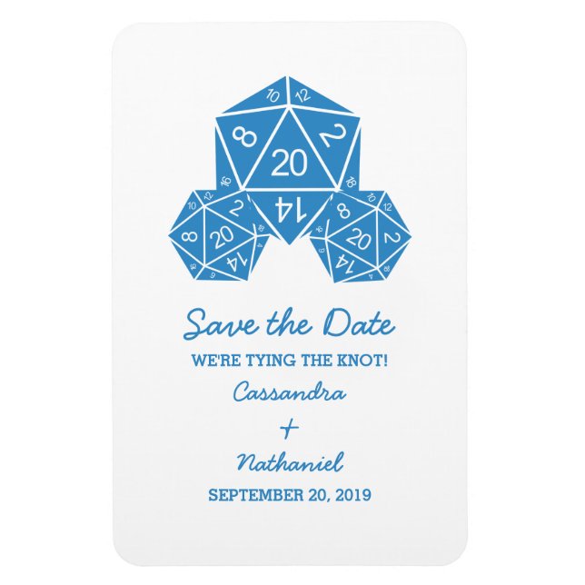 Blue D20 Dice Save the Date Magnet (Vertical)