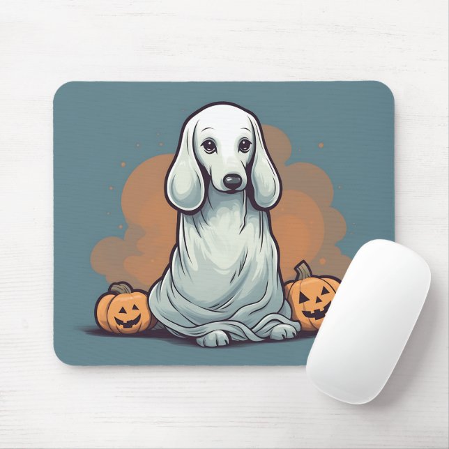 Blue Dachshund Ghost Orange Pumpkin Halloween Mouse Pad (With Mouse)