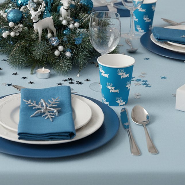 Blue Dachshund Themed Christmas Party  Paper Cups (Dachshund Christmas Themed Party Supplies - Blue & White)