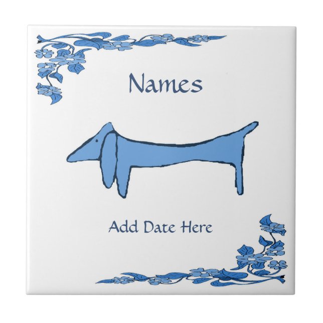 Blue Dachshund  Tile, Dutch Look, Personalise Tile (Front)