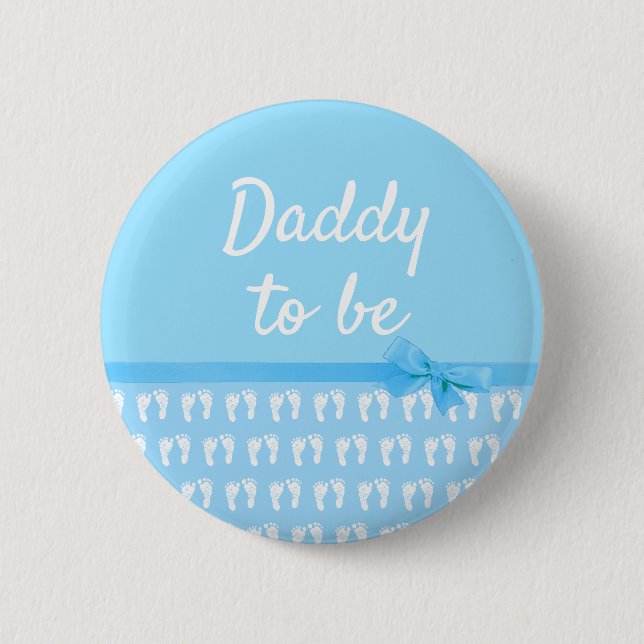 Blue Daddy to be Footprints Boy Baby Shower Button (Front)