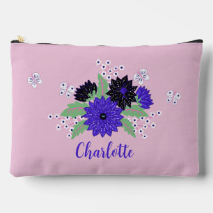 Blue Dahlia Floral Bouquet and Custom Name Accessory Pouch