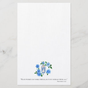 Blue Dahlia Floral Lady of Grace Virgin Mary Stationery