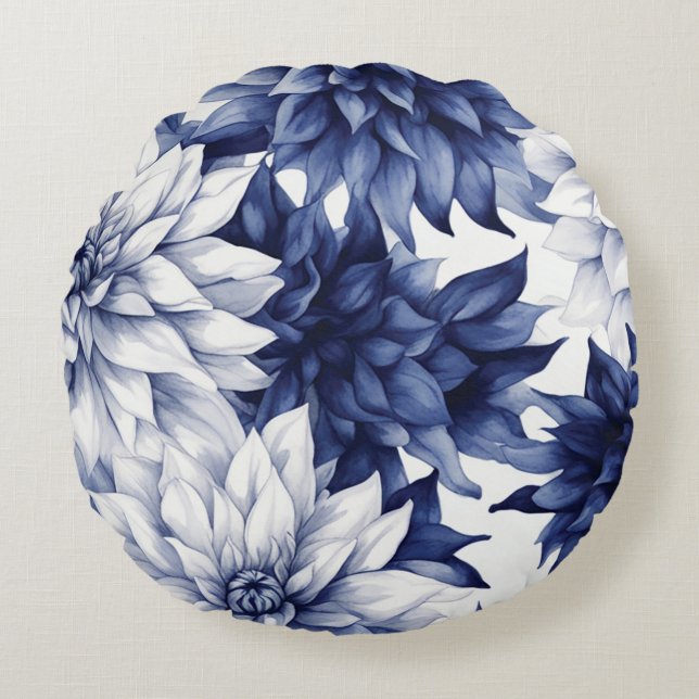 Blue Dahlia Floral Pattern 1 Round Cushion (Front)