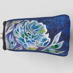 Blue Dahlia Navy Teal Celestial Floral Watercolor Golf Head Cover