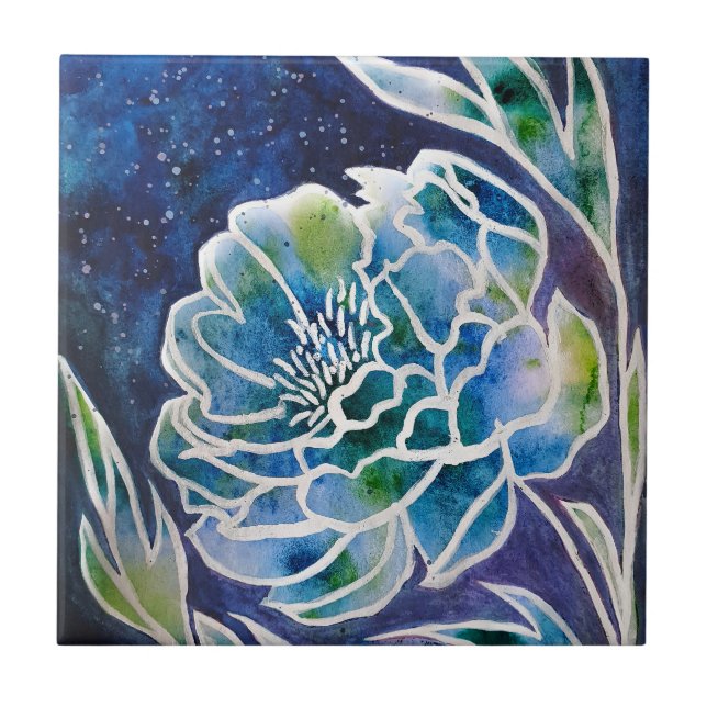 Blue Dahlia Navy Teal Celestial Floral Watercolor  Tile (Front)