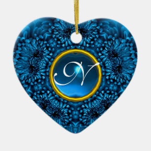 BLUE DAHLIA SAPPHIRE MONOGRAM Heart Ceramic Tree Decoration