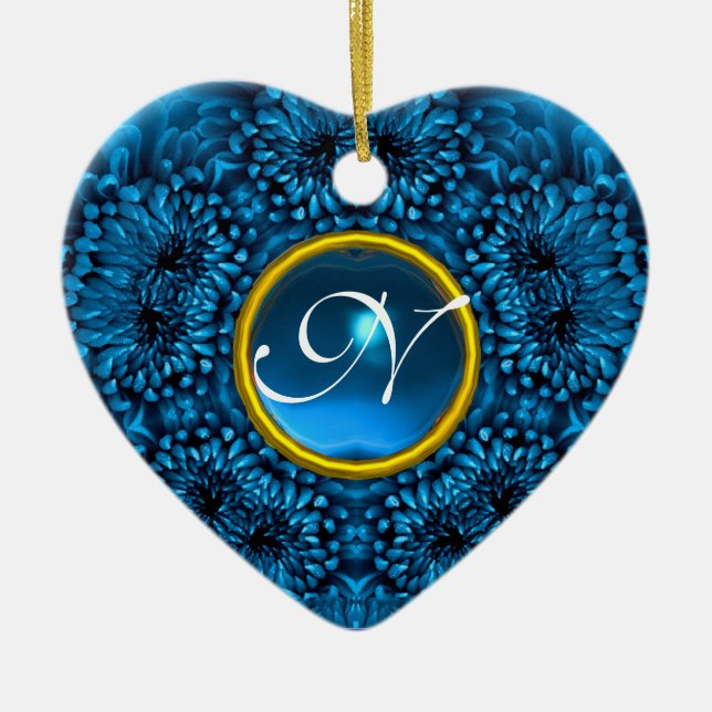 BLUE DAHLIA SAPPHIRE MONOGRAM Heart Ceramic Tree Decoration (Front)