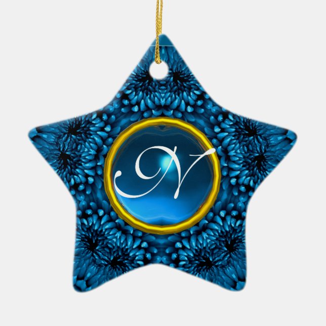 BLUE DAHLIA SAPPHIRE MONOGRAM Star Ceramic Tree Decoration (Front)