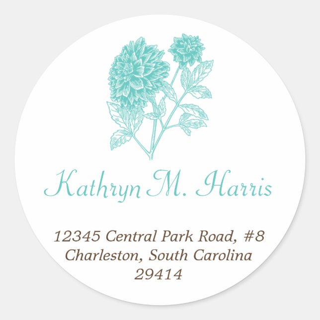 Blue dahlia simple elegance circle address label (Front)