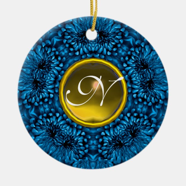 BLUE DAHLIA YELLOW TOPAZ MONOGRAM CERAMIC TREE DECORATION (Front)