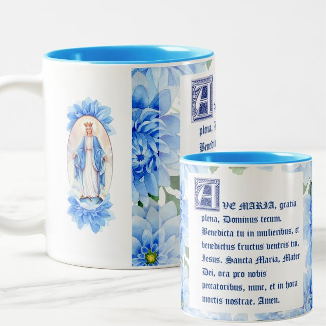 Blue Dahlias | Ave Maria Latin | Virgin Mary Two-Tone Coffee Mug (Creator Uploaded)
