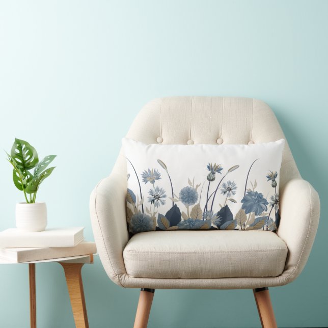 Blue Dahlias Cornflower Lumbar Cushion (Chair)