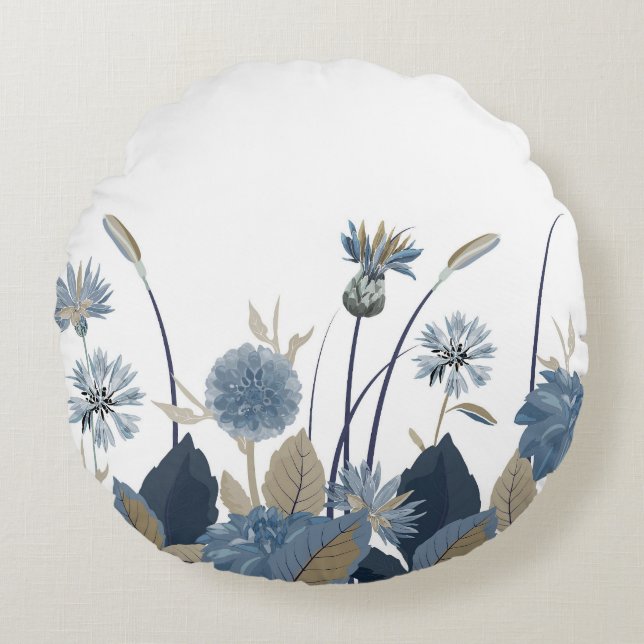 Blue Dahlias Cornflower Round Cushion (Front)