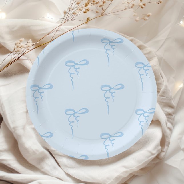 Blue dainty bow pattern boy baby shower paper plate (Creator Uploaded)