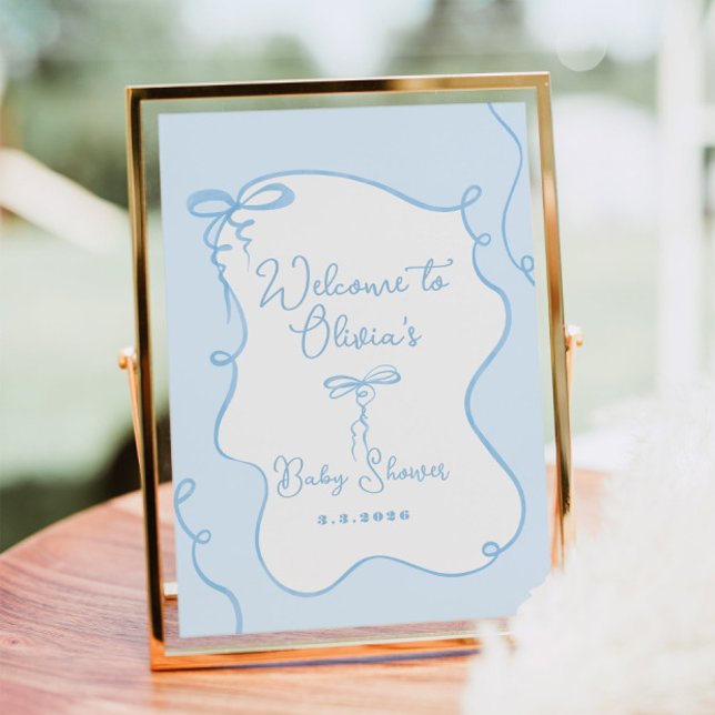 Blue dainty wavy bow baby shower welcome poster (Creator Uploaded)