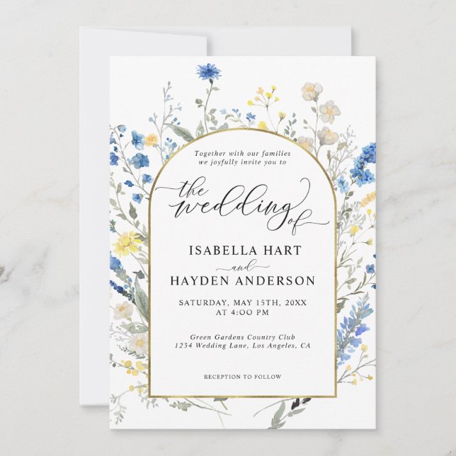 Blue Dainty Wild Floral Gold Arch Flowers Wedding Invitation (Front)