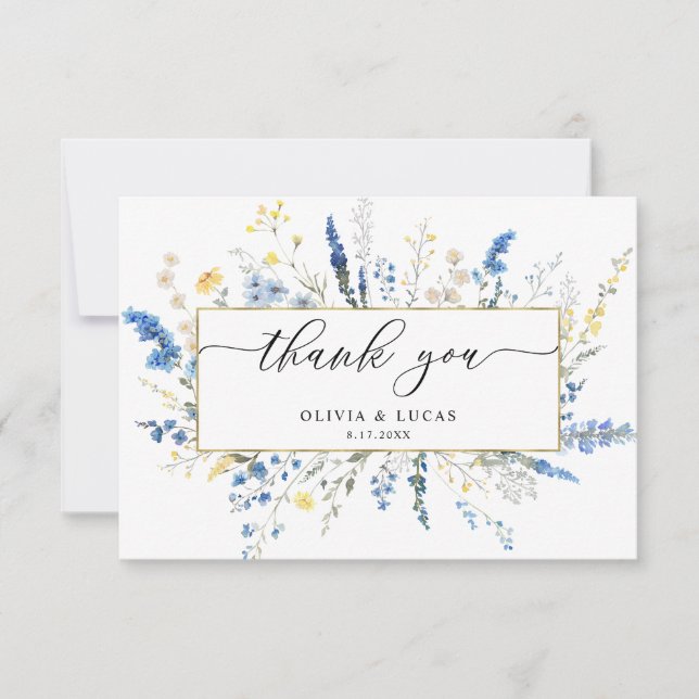 Blue Dainty Wild Flowers Gold Frame Rustic Wedding Thank You Card (Front)
