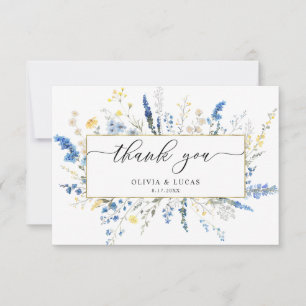 Blue Dainty Wild Flowers Gold Frame Rustic Wedding Thank You Card
