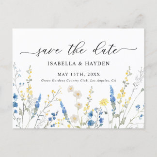 Blue Dainty Wild Flowers Navy Floral Save The Date Announcement Postcard