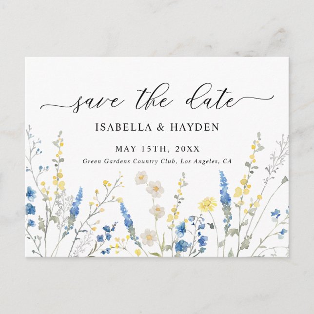 Blue Dainty Wild Flowers Navy Floral Save The Date Announcement Postcard (Front)