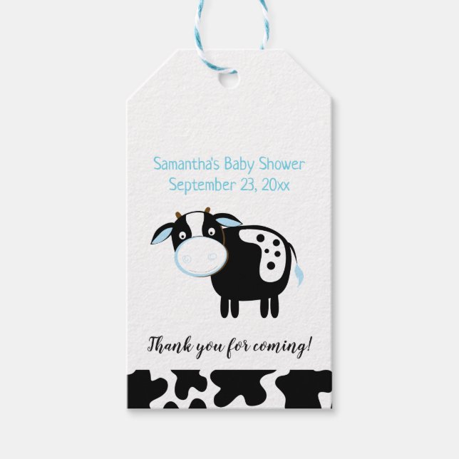 Blue Dairy Cow Baby Shower Gift Tag (Front)