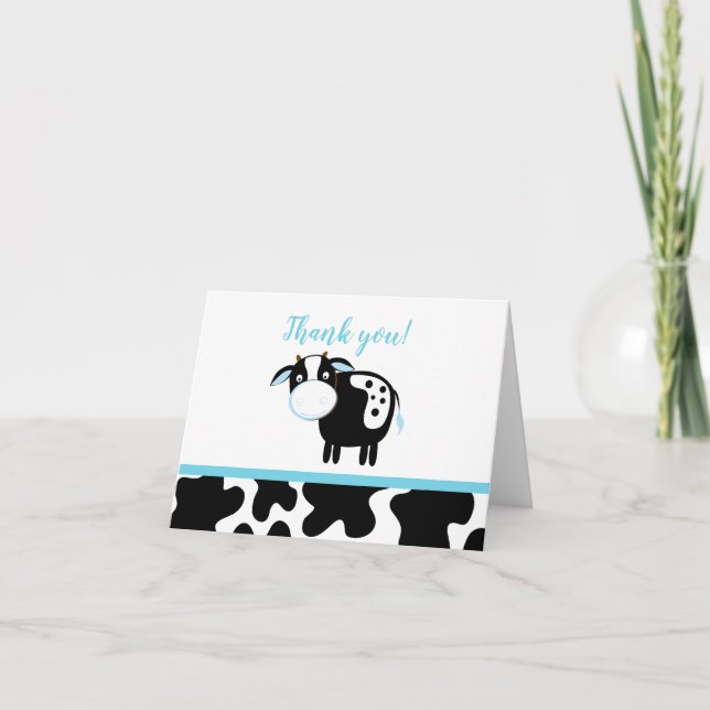 Blue Dairy Cow Boy Farm Baby Shower Thank you note Card (Front)