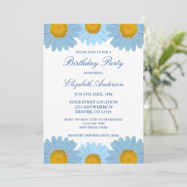 Blue Daisies Floral Birthday Invitation (Standing Front)