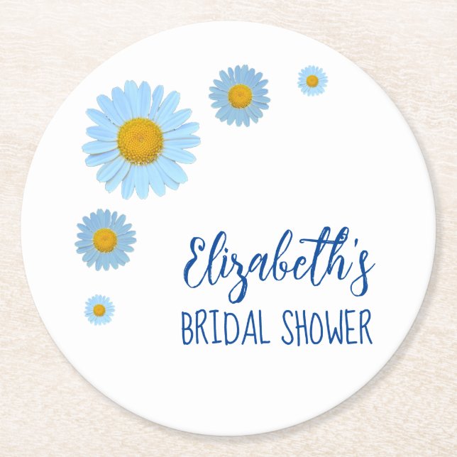 Blue Daisies Floral Bridal Shower Round Paper Coaster (Front)